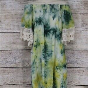Umgee Green & Yellow Tie Dyed Dress with Lace embellishments